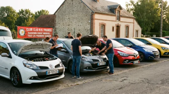Rassemblement de club automobile français avec passionnés de tous âges examinant trois Renault Clio sportives garées en épi, capots ouverts, lors d'une rencontre matinale sous lumière dorée