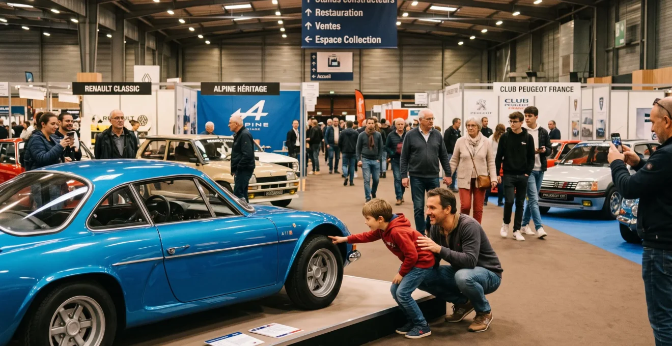 Hall de salon automobile avec un père et son fils accroupis admirant une Alpine A110 bleue exposée tandis que d'autres visiteurs déambulent entre les stands sous une signalétique en français